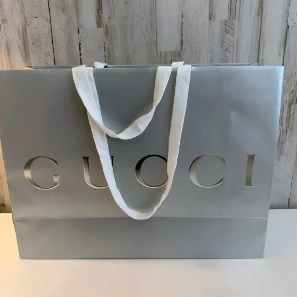 Gucci Large Metallic Silver Shopping Gift Bag White Ribbon Handles